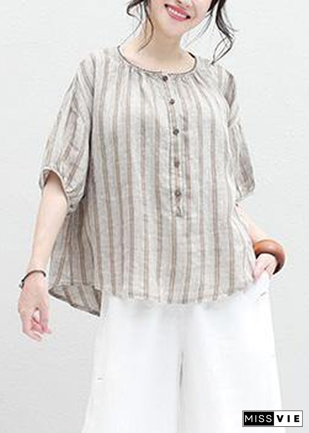 French half sleeve linen Blouse Sewing summer shirt khaki striped