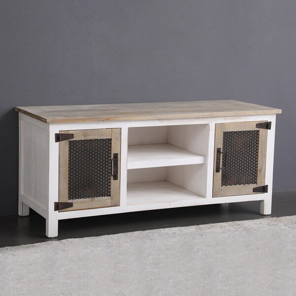 Clihome White Rectangle Sturdy Wood Console Table with Durable Metal Mesh Door