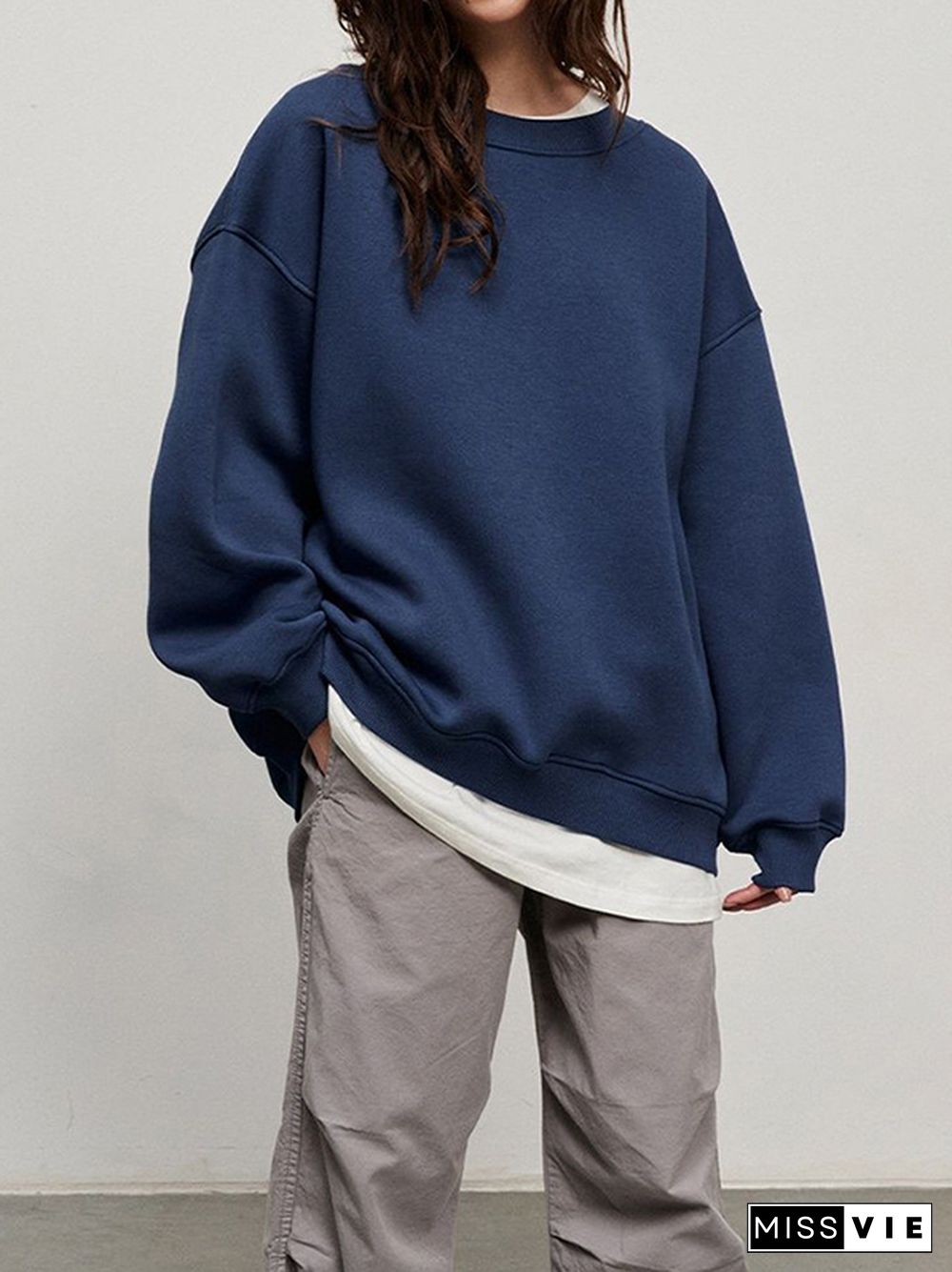 Long Sleeves Loose Solid Color Round-Neck Sweatshirt Tops