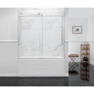 OVE Decors Montebello 60 in. x 59 in. Frameless Sliding Bathtub Door with Handle in Satin Nickel 15BGP-MONB60-SA