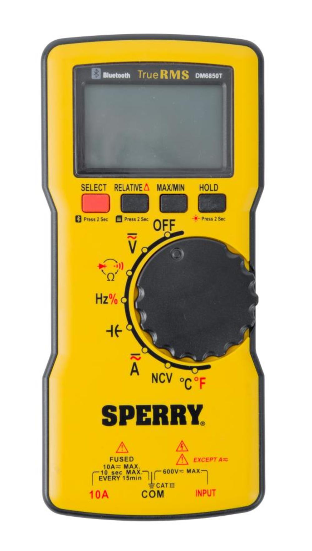 Sperry Instruments DM6850T Digital Multimeter， Thin， TRMS， Bluetooth， Autoranging， 600 V AC/DC， 10A Current， Continuity， Resistance， Capacitance， Frequency， Temperature ;