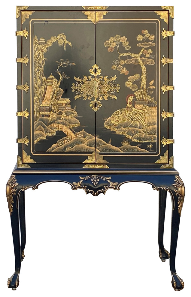 Vintage Chinoiserie Black And Gold Graphic Claw Legs Cabinet Hcs7263   Asian   Accent Chests And Cabinets   by Golden Lotus Antiques  Houzz