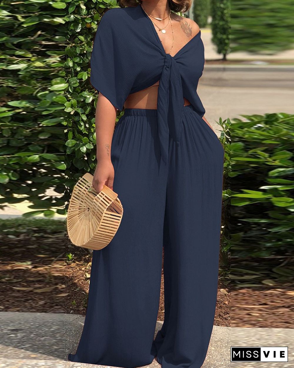 Solid Color Tie Front Crop Top & Wide Leg Pants Set