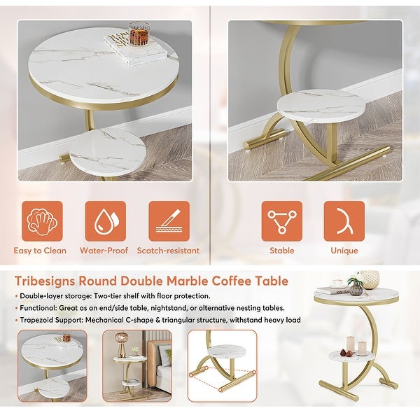 2-Tier Round Sofa Side Table， Faux Marble End Table， 20'' Beside Table with Storage Shelf，C-Shaped Base Metal Legs