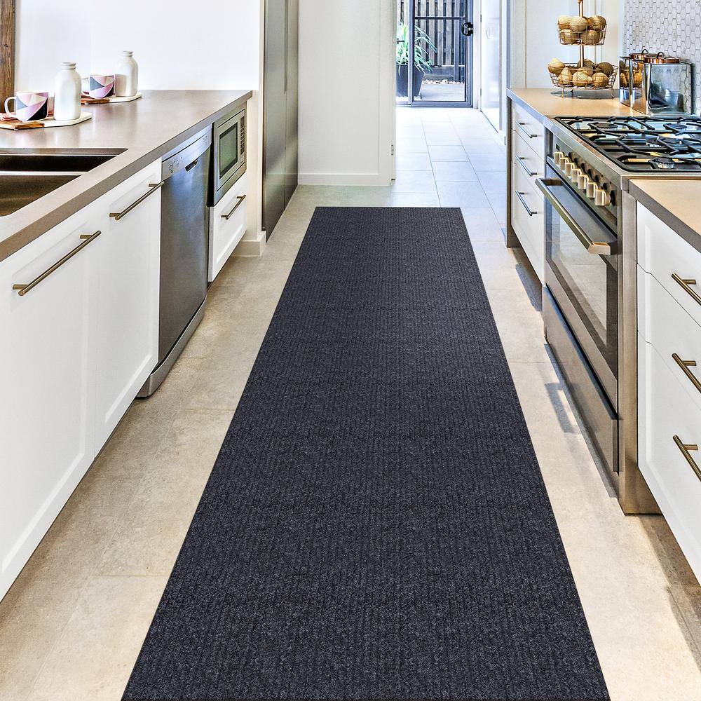 Sweet Home Stores 2 ft. W x 28 ft. L Black Ribbed Waterproof Non-Slip Rubber Back Solid Runner Rug Polypropylene Garage Flooring SH-SRT704-2X28