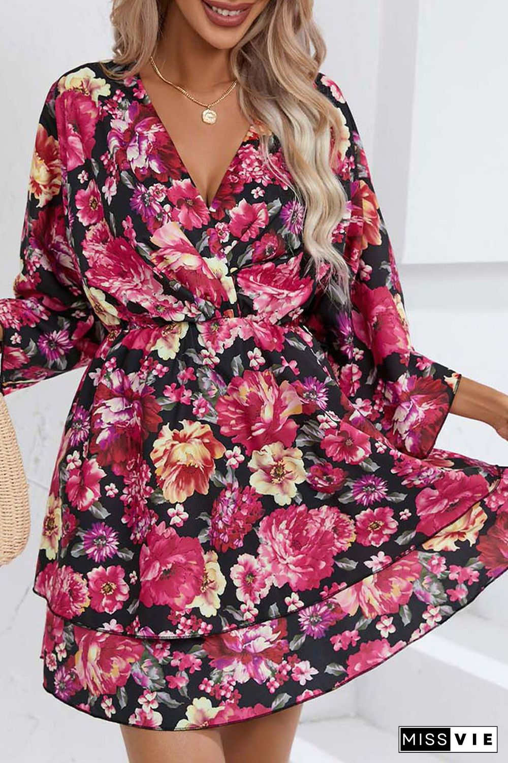 V Neck Drawstring Floral Dress