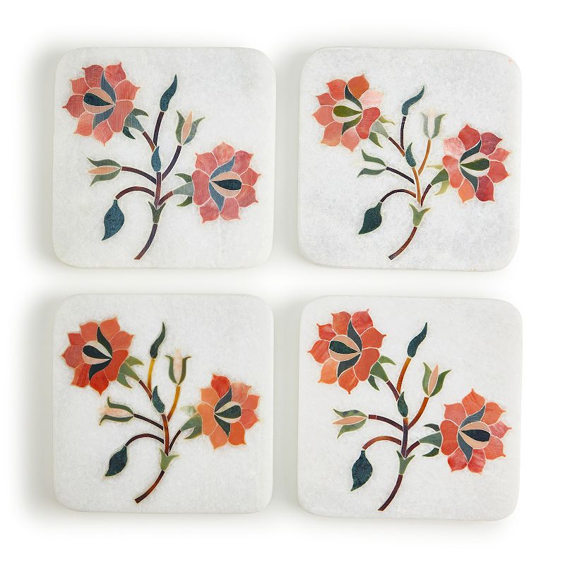 Oriental Bloom Marble Coasters， Set of 4