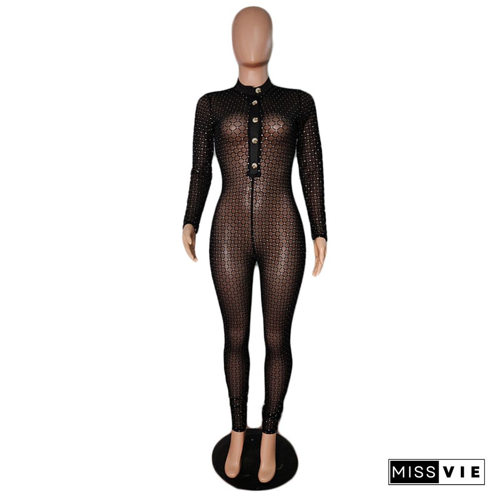 Long Sleeve Bodycon Mesh Flocking Jumpsuit