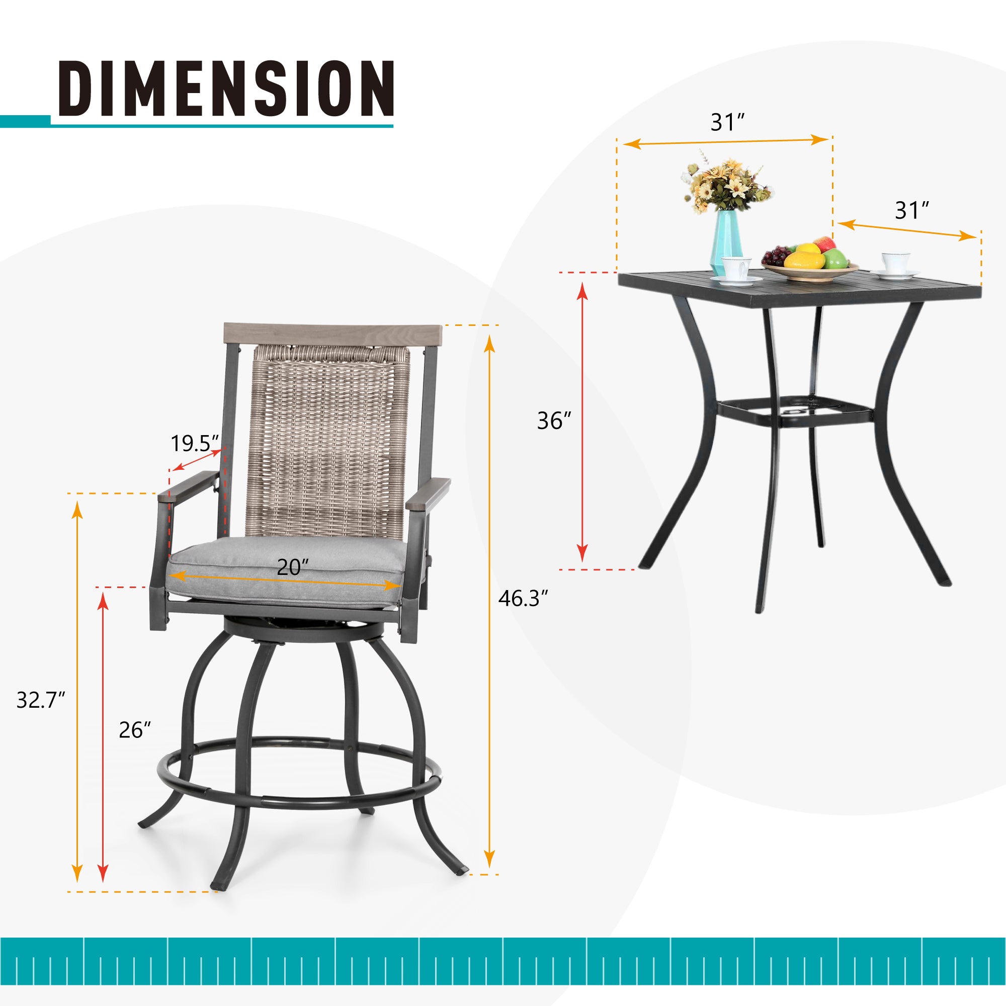 Sophia and William 3 Pieces Swivel Bar Set Rattan Backrest and Padded Cushion Bar Chair and Square Metal Table