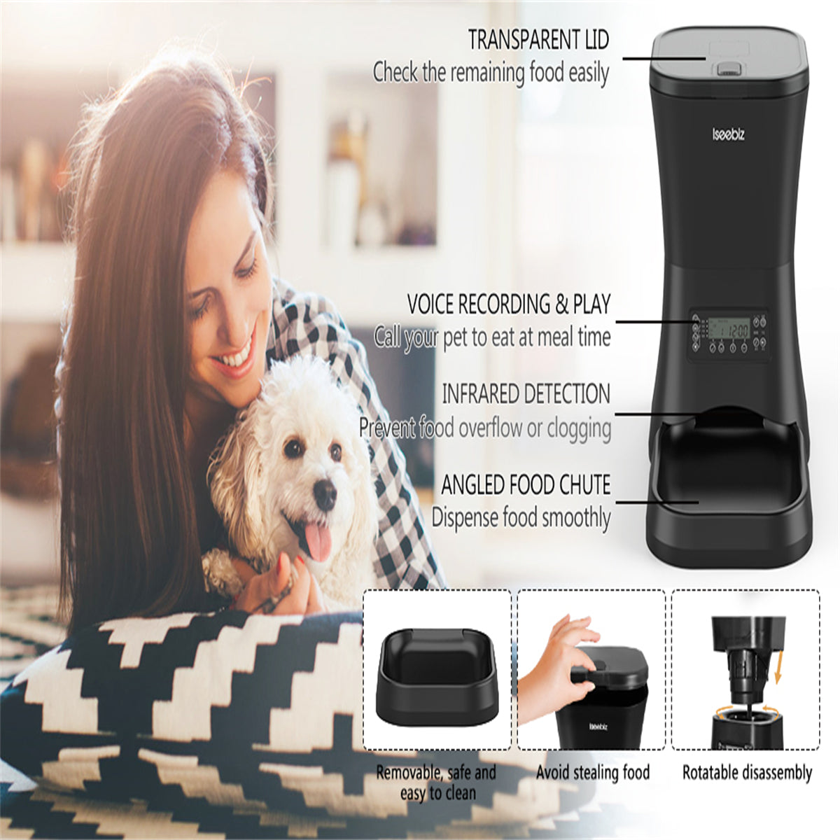 Iseebiz Pet Feeder Food Dispenser for Cats and Dogs Features Voice Recording， Timer Programmable， Portion Control， IR Detect， 4 Meals per Day for Small and Medium Pet