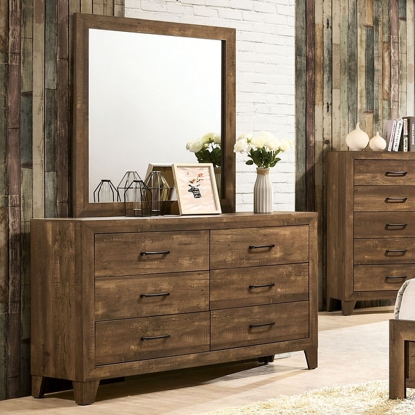 Furniture of America Loa Rustic Walnut Dresser and Mirror Set - - 31451302