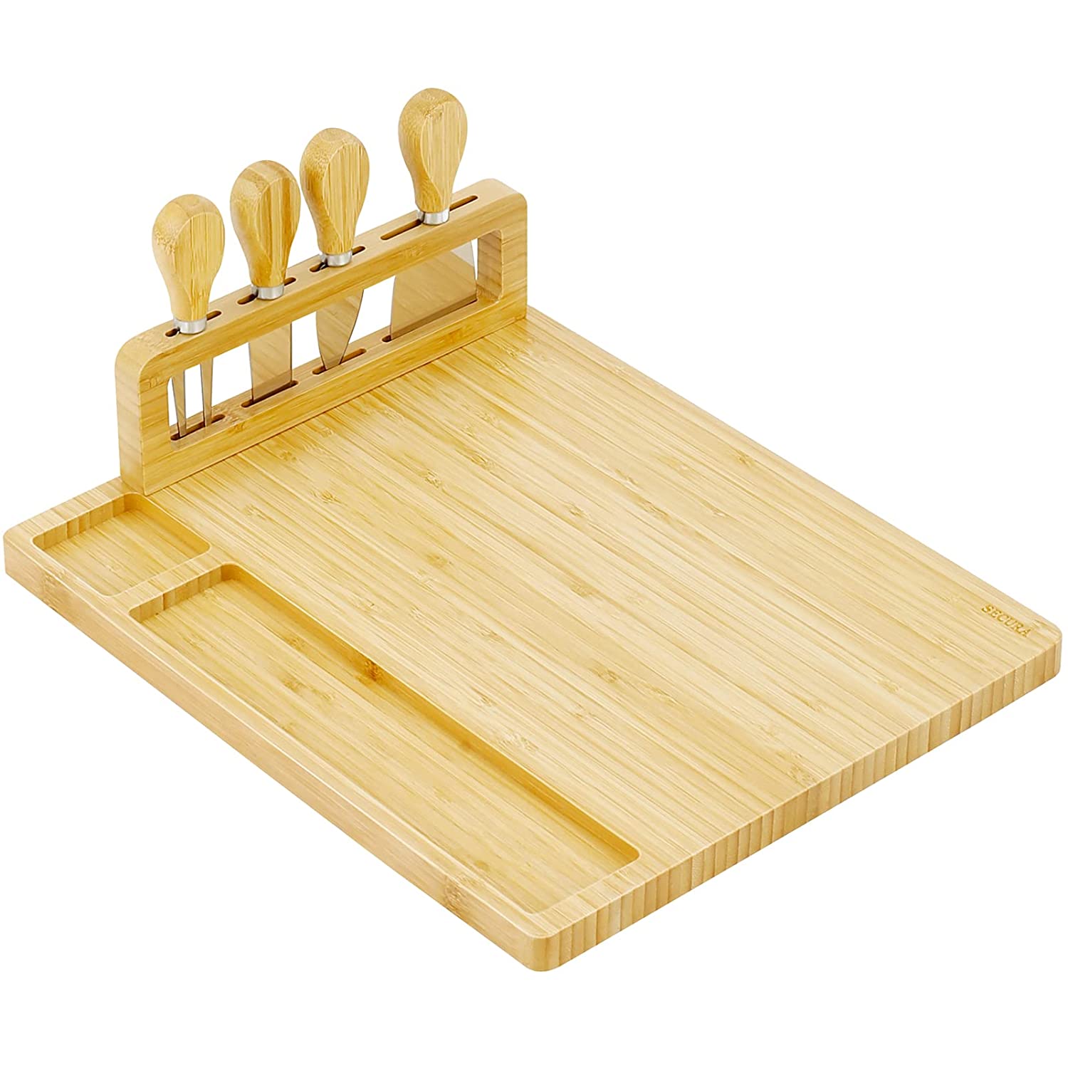 Secura Bamboo Cheese Board， Charcuterie Boards Set Cheese Platters Wood Serving Board and Knife Set with Knife Stand for Wine Wedding Housewarming Gifts