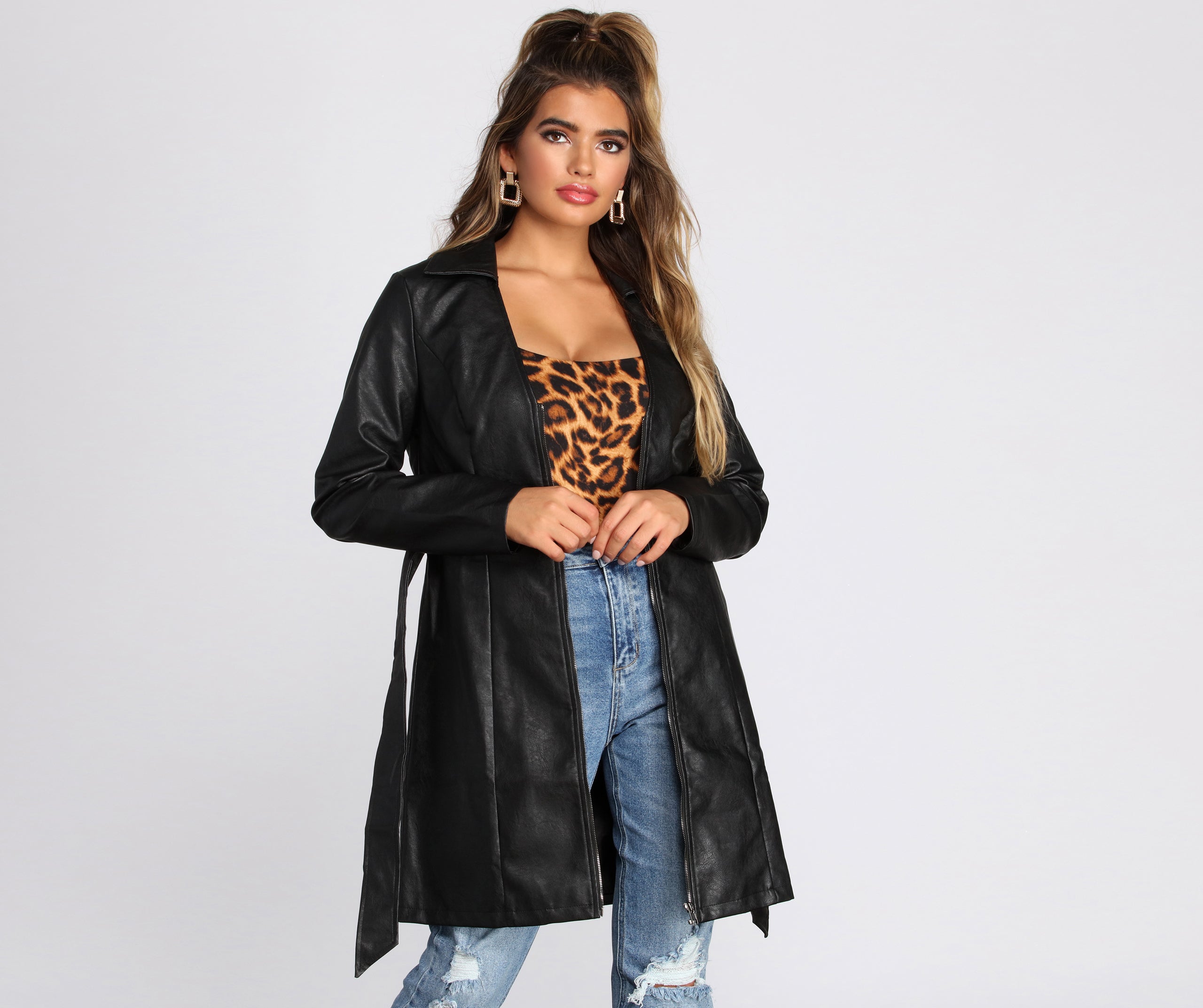 Faux Leather Belted Trench