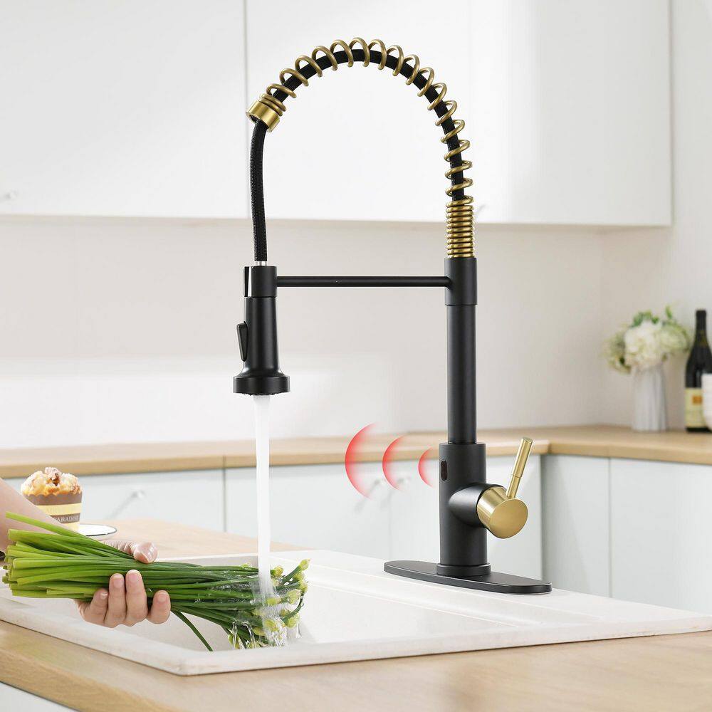 Boyel Living Single Handle Touchless Pull Down Sprayer Kitchen Faucet with Deckplate Included in Black  Brushed Gold BL-IS1306-33BG