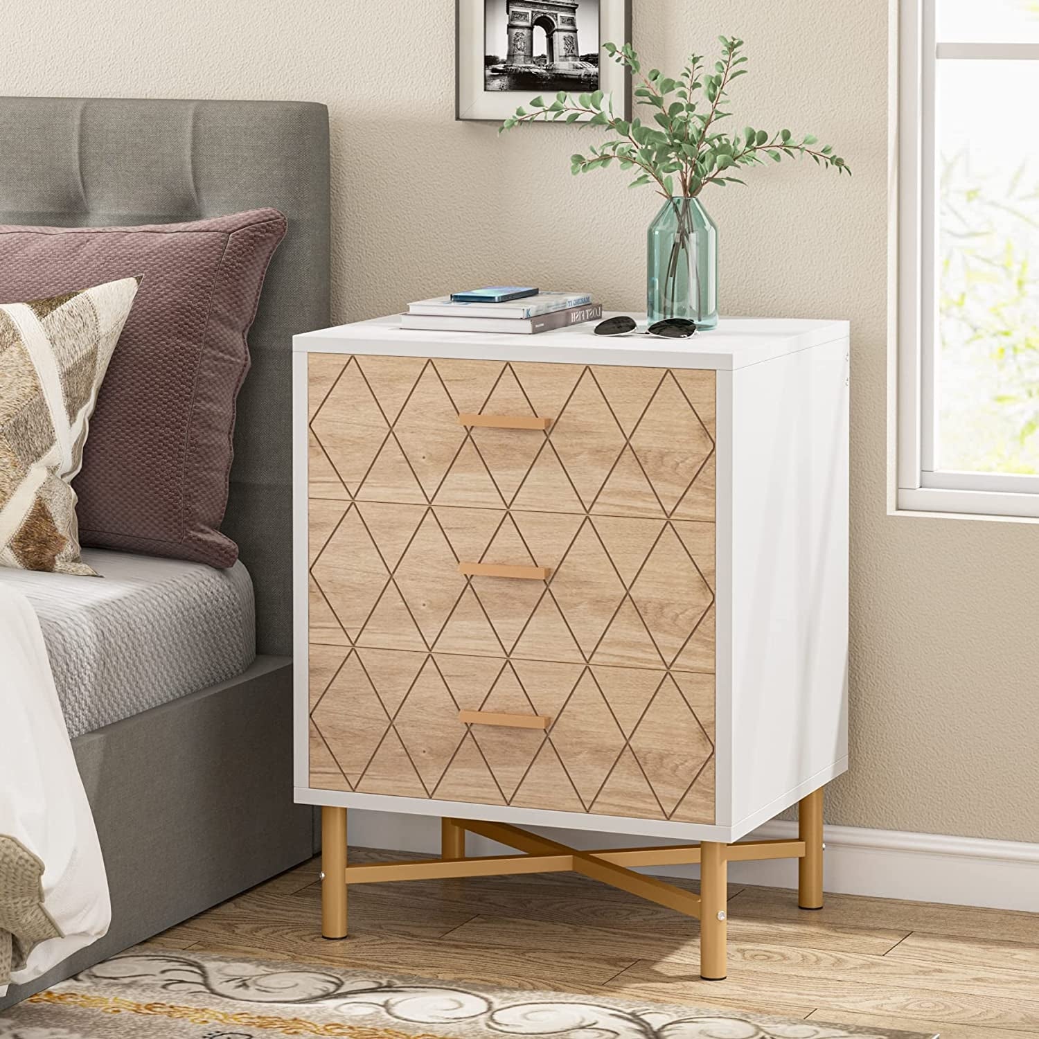 Wood Nightstand Bed Side Table with 3 Drawers