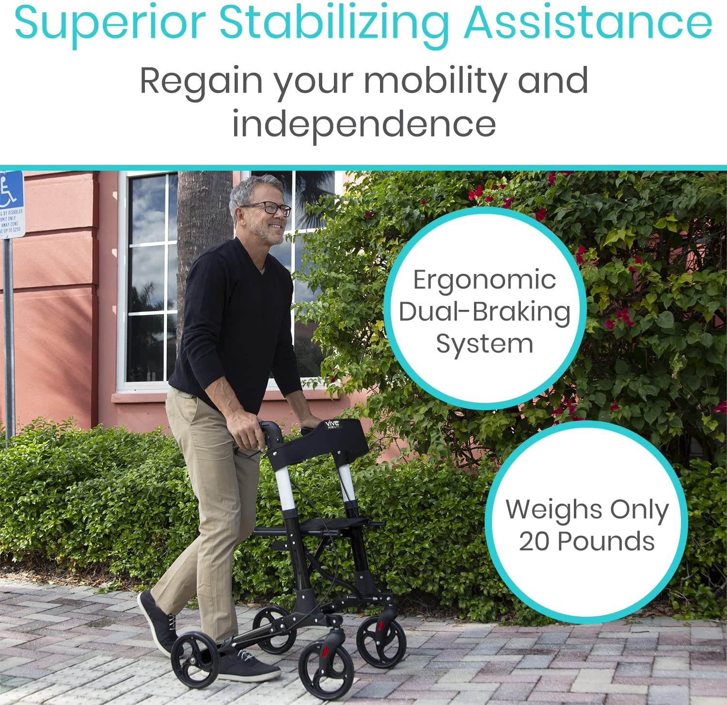 Vive Health Walker Rollator - Lightweight Foldable Walking Transport