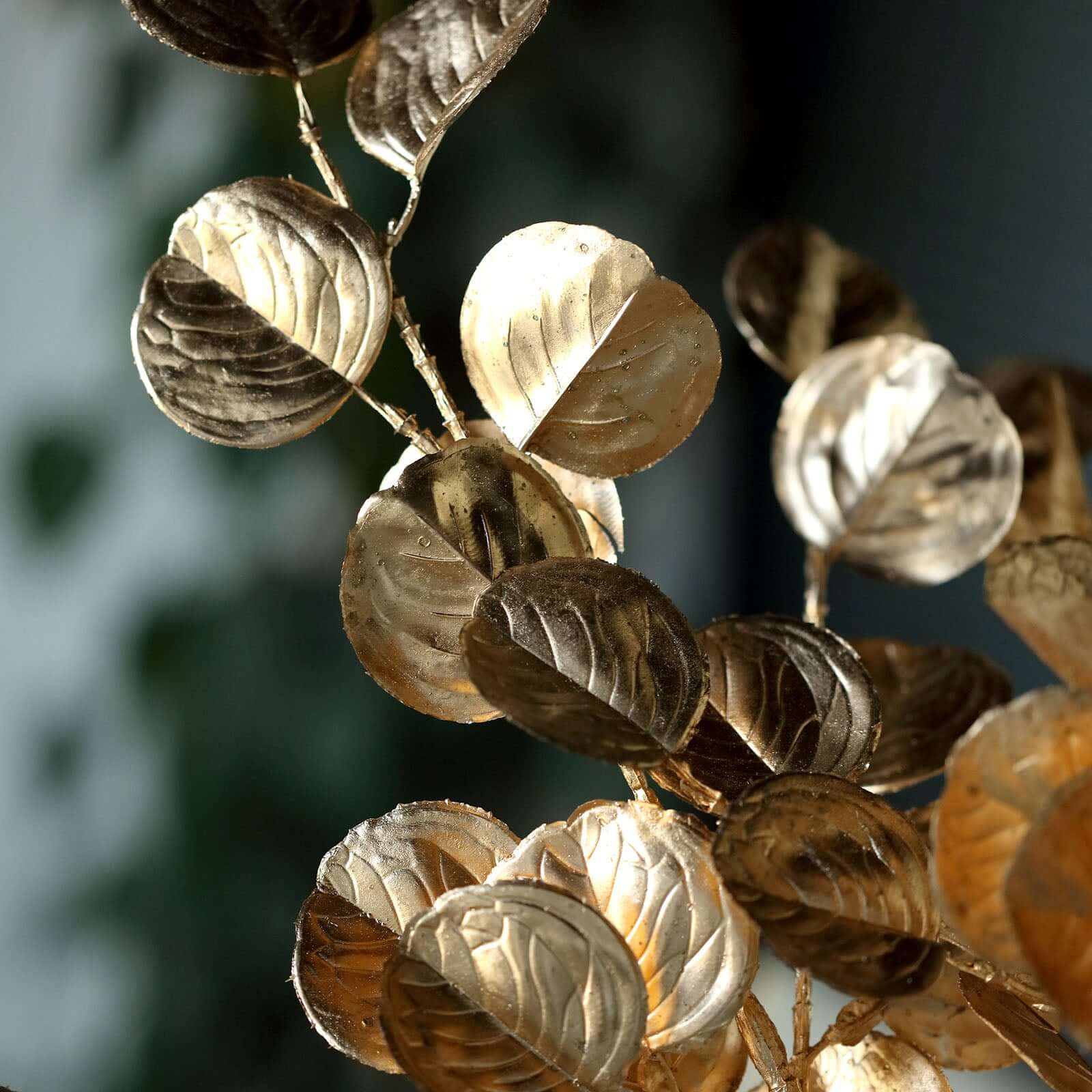 2 Pack Metallic Gold Artificial Round Eucalyptus Leaf Branches, Faux Decorative Bouquets 27