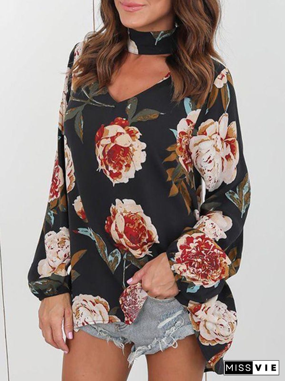 Autumn Flower Print Long Sleeve Loose T-Shirt