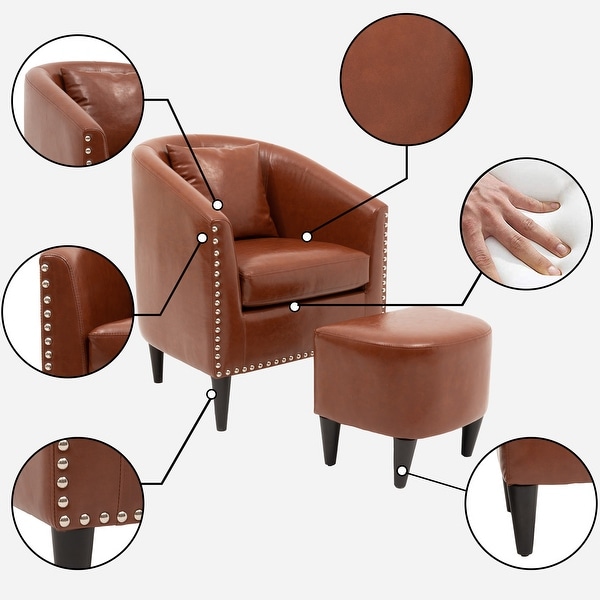 Modern Accent Chair with Ottoman Set， PU Leather Upholstered Club Round Arms Chair