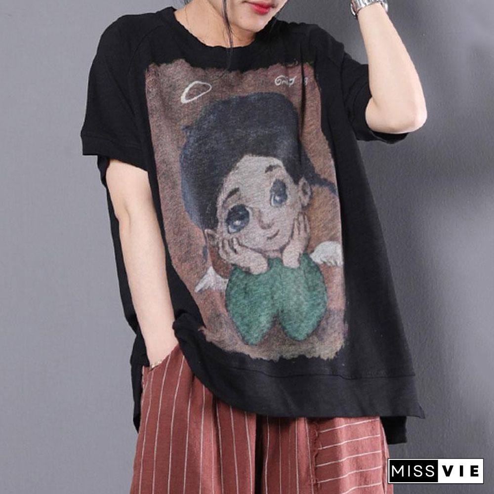 vintage pure cotton tops oversized Loose Cartoon Printed Short Sleeve Black T-shirt