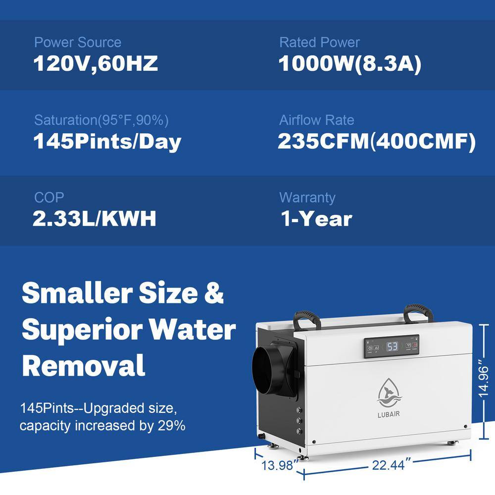 JEREMY CASS 145 pt. 6000 sq.ft. Bucketless Commercial Dehumidifier in White with Drain Hose for Crawl Space GZBARY23051101