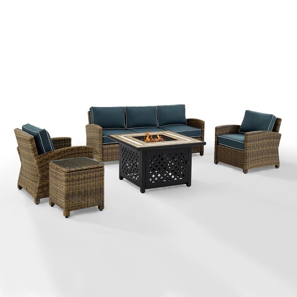 Crosley Bradenton 5Piece Outdoor Wicker Sofa Conversation Set With Navy Cushions