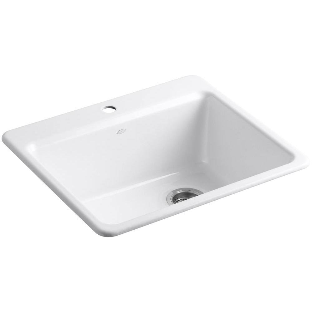 KOHLER Riverby Drop-In Cast Iron 25 in. 1-Hole Single Bowl Kitchen Sink in White with Basin Rack K-5872-1A1-0