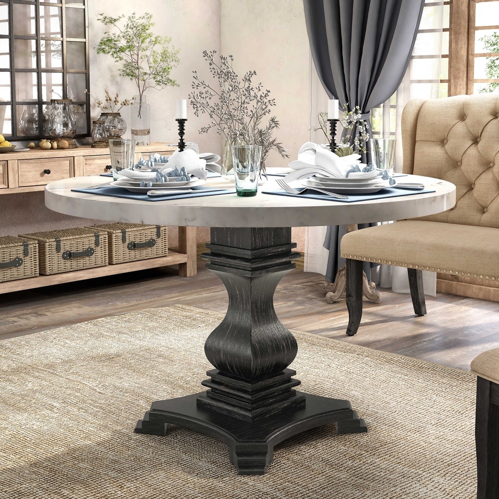 Brec Rustic Marble Top 5 Piece Round Dining Table Set with Tufted Chairs by Furniture of America