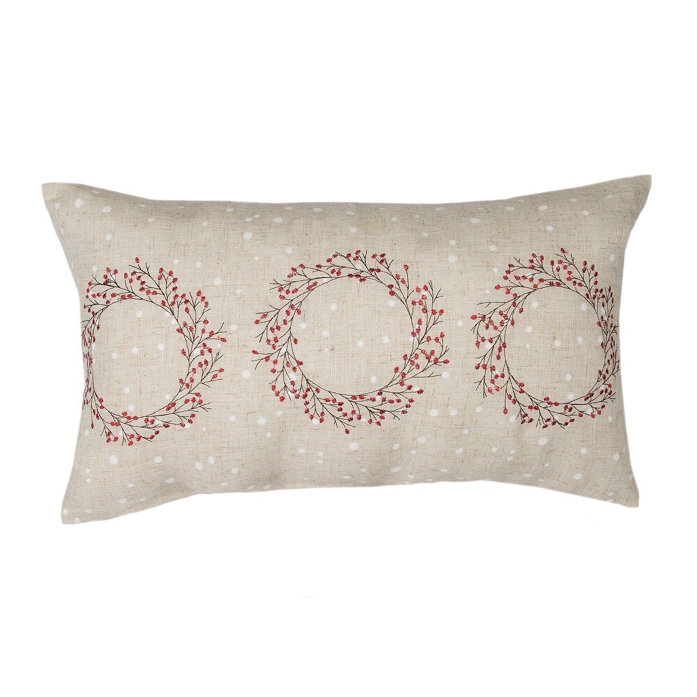 Holly Berry Wreath Embroidered Christmas Pillow  14 by 14 Inch