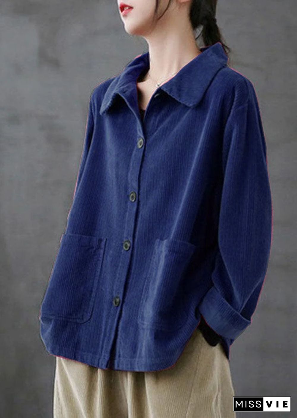 Blue Loose Pockets Shirt Top Long Sleeve Corduroy Coat