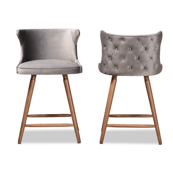 Sagira Modern Velvet Fabric and Walnut Finished 2-PC Counter Stool Set