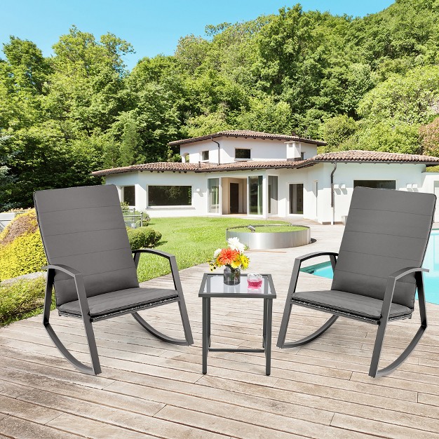 Tangkula 3pcs Rattan Bistro Rocking Chair Set Patio Furniture Set W Cushions