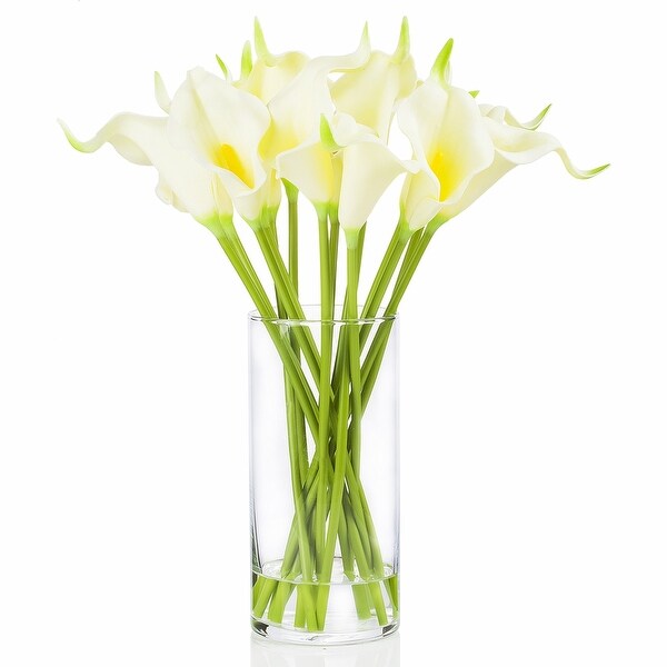 Enova Home Artificial Real Touch Calla Lily Fake Silk Flowers Arrangement in Clear Glass Vase with Faux Water for Decoration