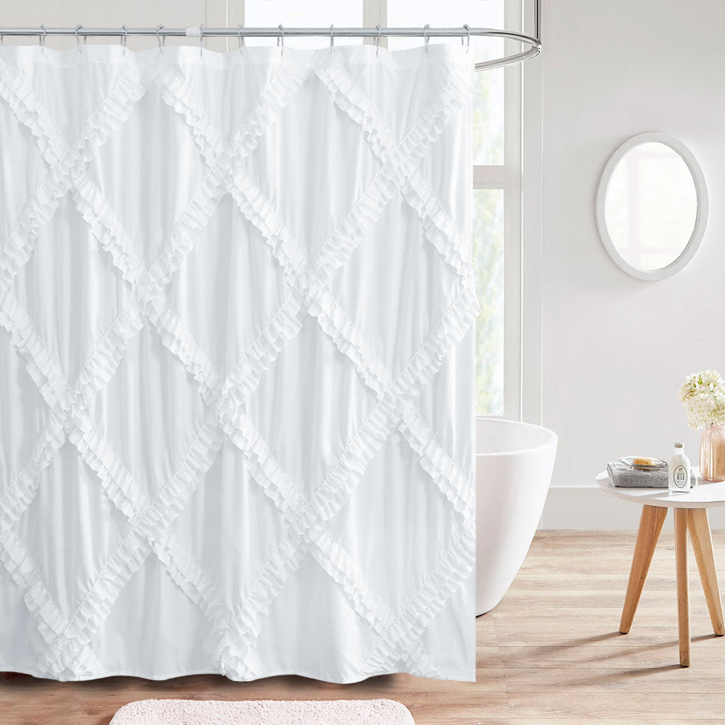 HIG Luxurious Farmhouse Unique Ruffle Cloth Fabric Shower Curtain 72x72 Extra Long Bathroom Curtain