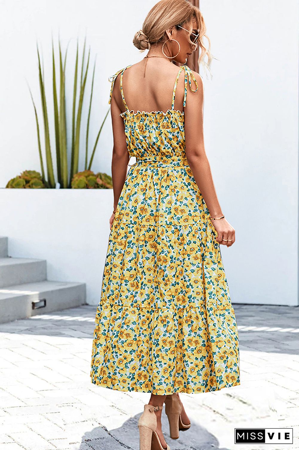 Smocked Neckline Tie Strap Tiered Floral Maxi Dress