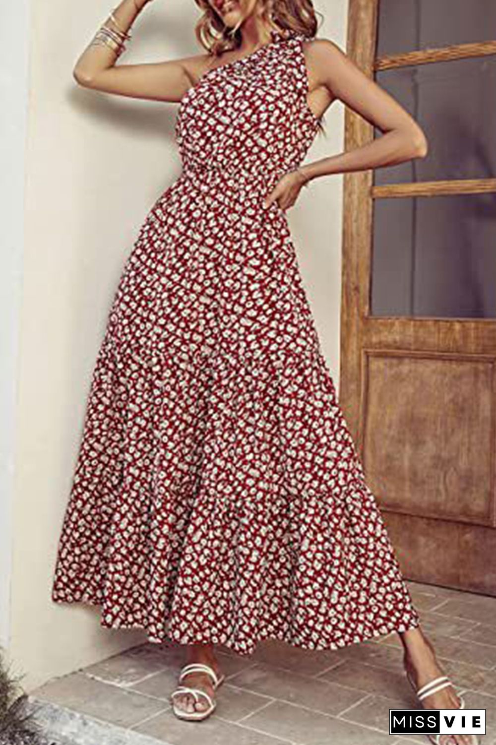 Floral Print One Shoulder High Waist Dress Wholesale