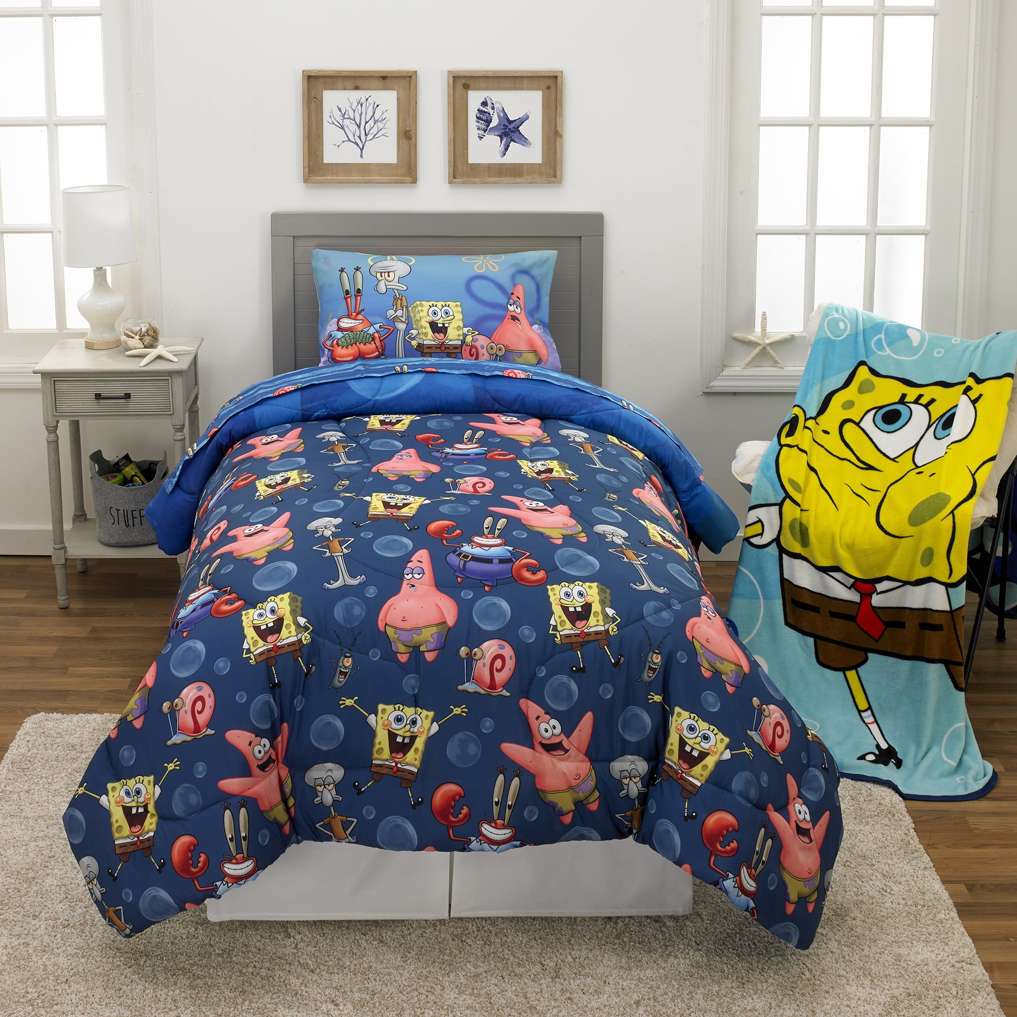 SpongeBob SquarePants Kids Comforter and Sham， 2-Piece Set， Twin/Full， Reversible， Blue