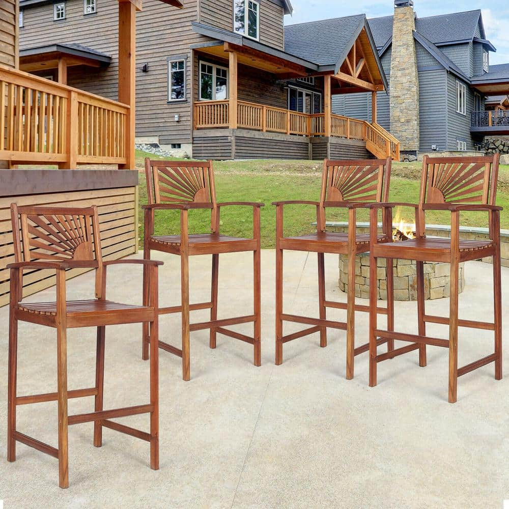 Gymax 4-Piece Patio Acacia Wood Bar Stool Pub Outdoor Bar Stool Chair with Footrest Outdoor Indoor GYM08714