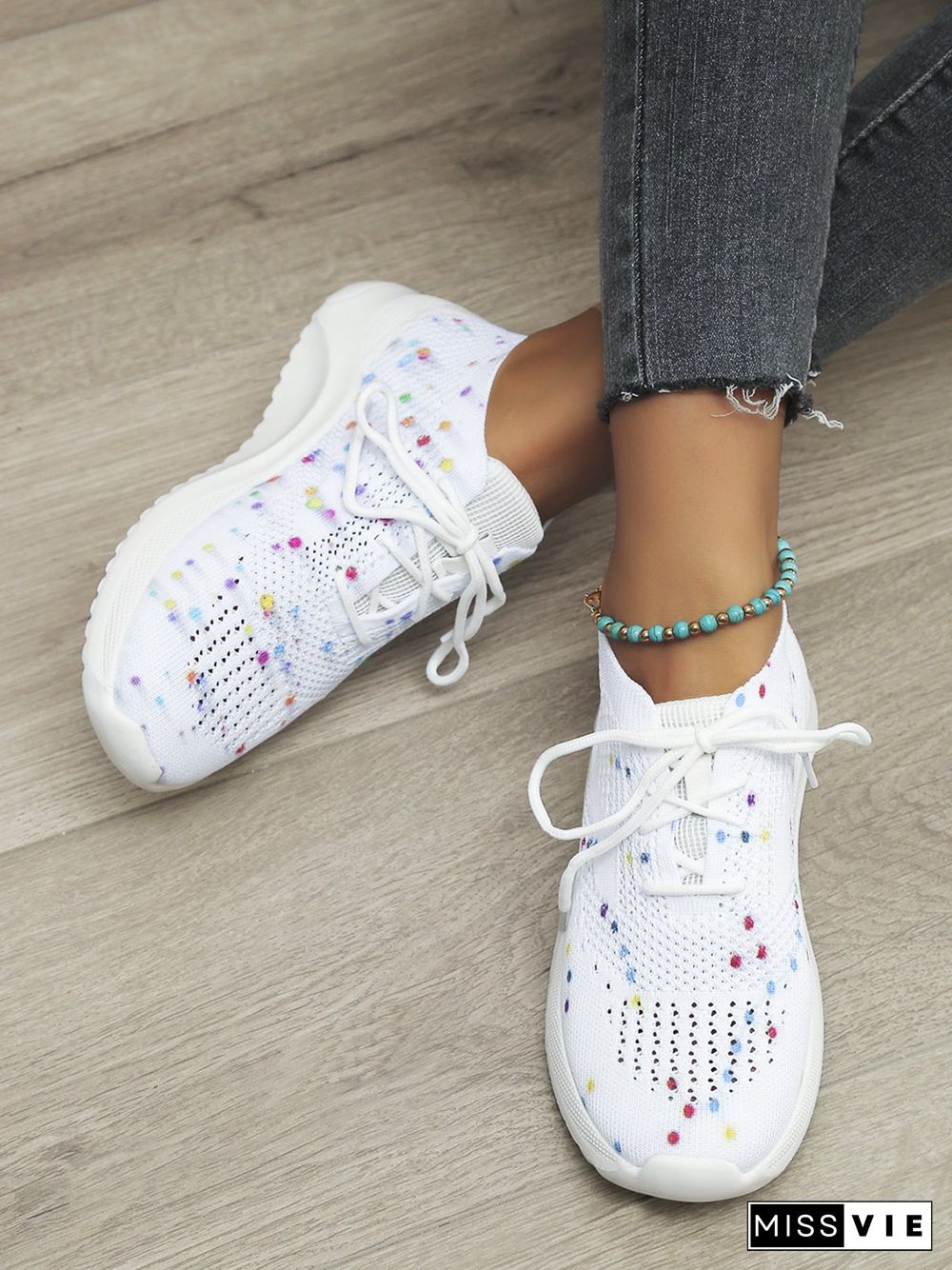 Multicolored Polka Dot Print White Flyknit Sneakers