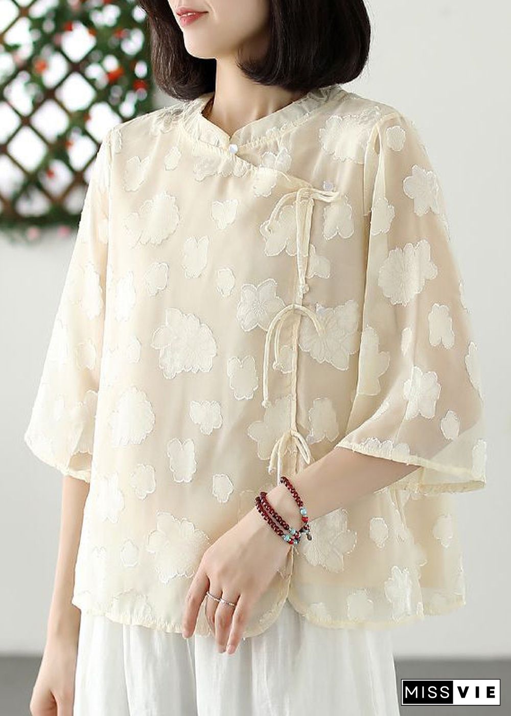 Boutique Khaki Stand Collar Jacquard Tulle Shirt Summer