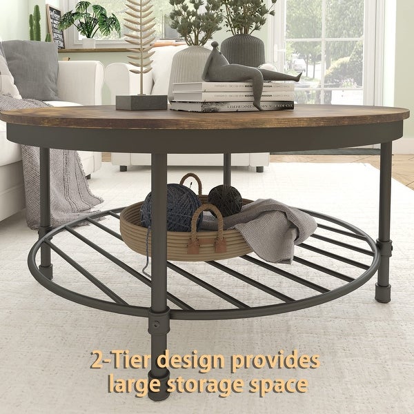 2-Tier Round Coffee Table， Industrial Coffee Table for Living Room， Wooden Tabletop Rustic Steel Accent Table