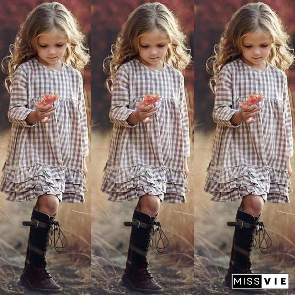 Girls INS Plaid Fashion Dress Big Kids Autumn Long Sleeve Princess Lace Dresses Children's 3-12Y Ruffled Clothes Dress