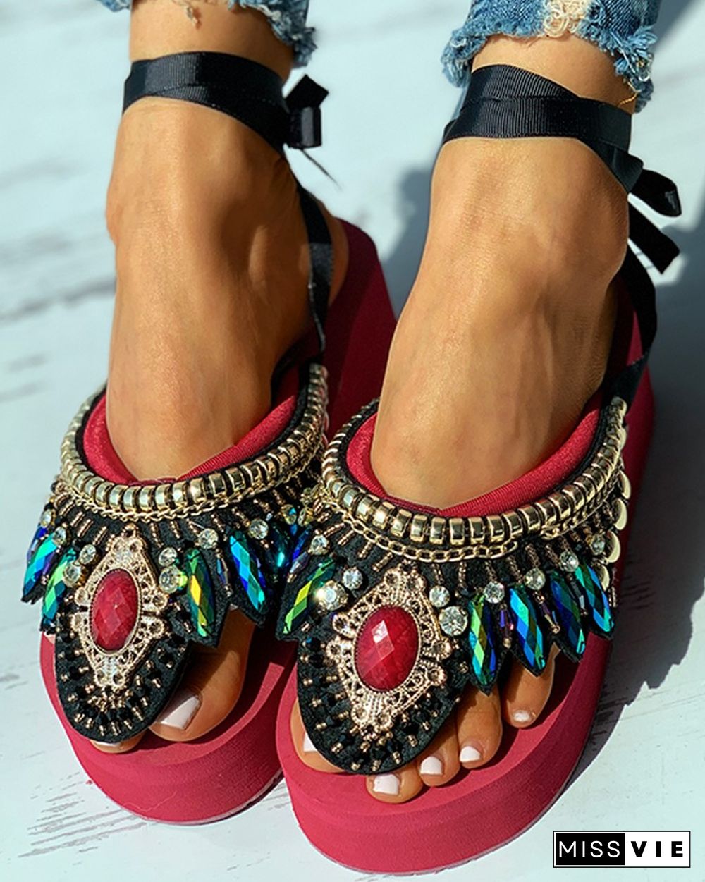 Studded Rhinestone Toe Post Wedge Sandals