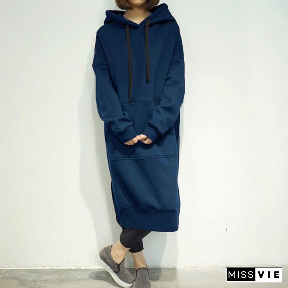 Ladies Hooded Loose Fleece Lined Casual Plus Long Dress Long Hoodies Tops