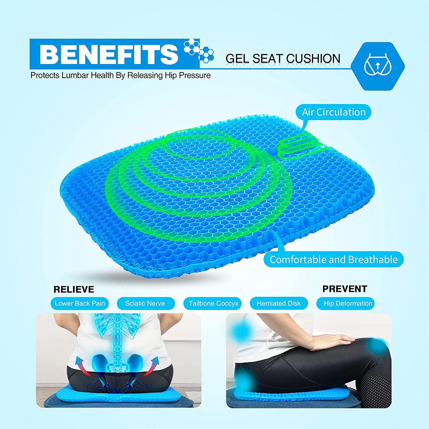 Tomight Gel Seat Cushion， Breathable Office Chair Cushion for Pressure Relief Tailbone Back Pain Relief Honeycomb Gel Cushion with Non-Slip Cover for Car/Office/Home/Wheelchair