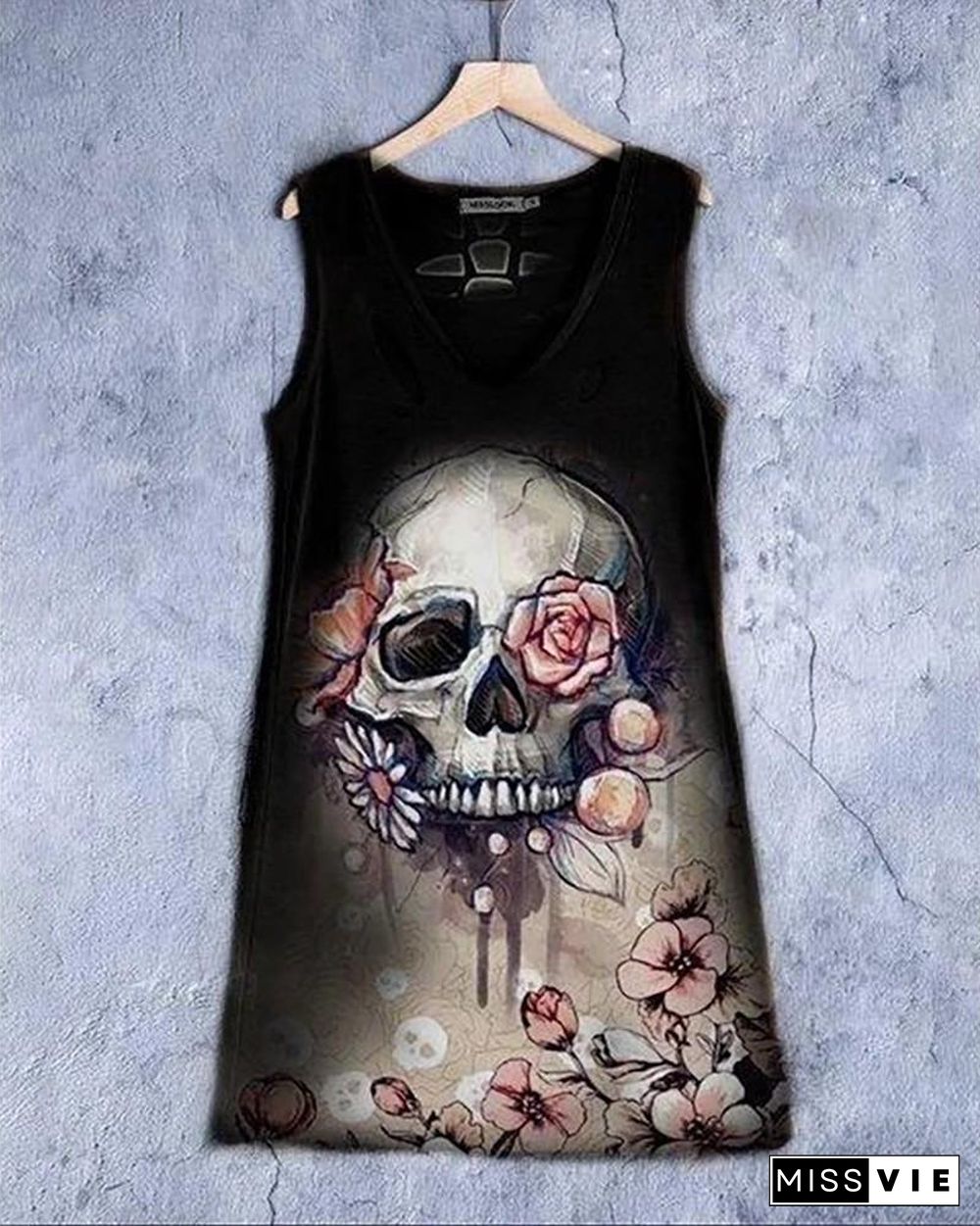 Skull Floral Print Sleeveless Casual Dress