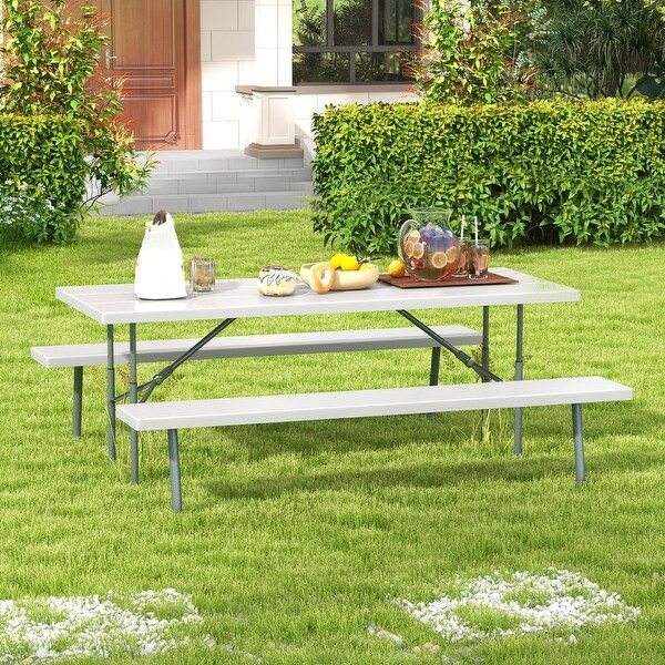 Folding Picnic Table Set with Metal Frame and AllWeather HDPE Tabletop，Umbrella Hole