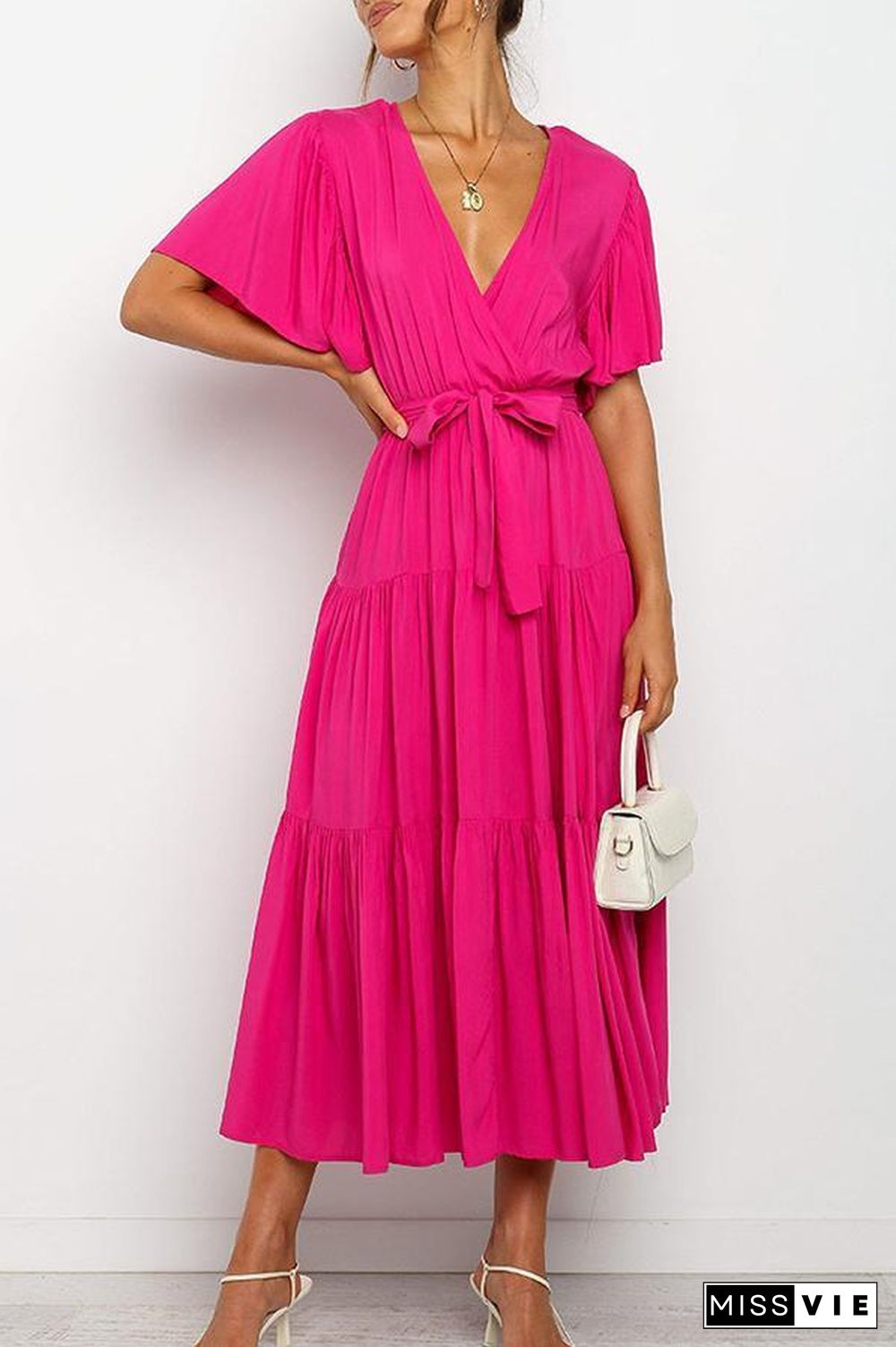 Ruffled Sleeve V-neck Tie Waist Maxi Dress P14492