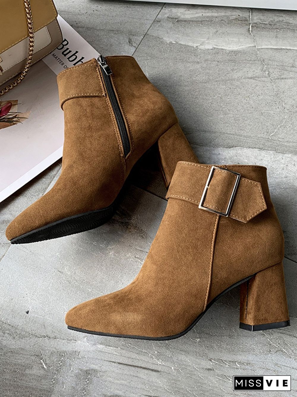 Chunky Heel Buckle Pointed-Toe Suede Martin Boots