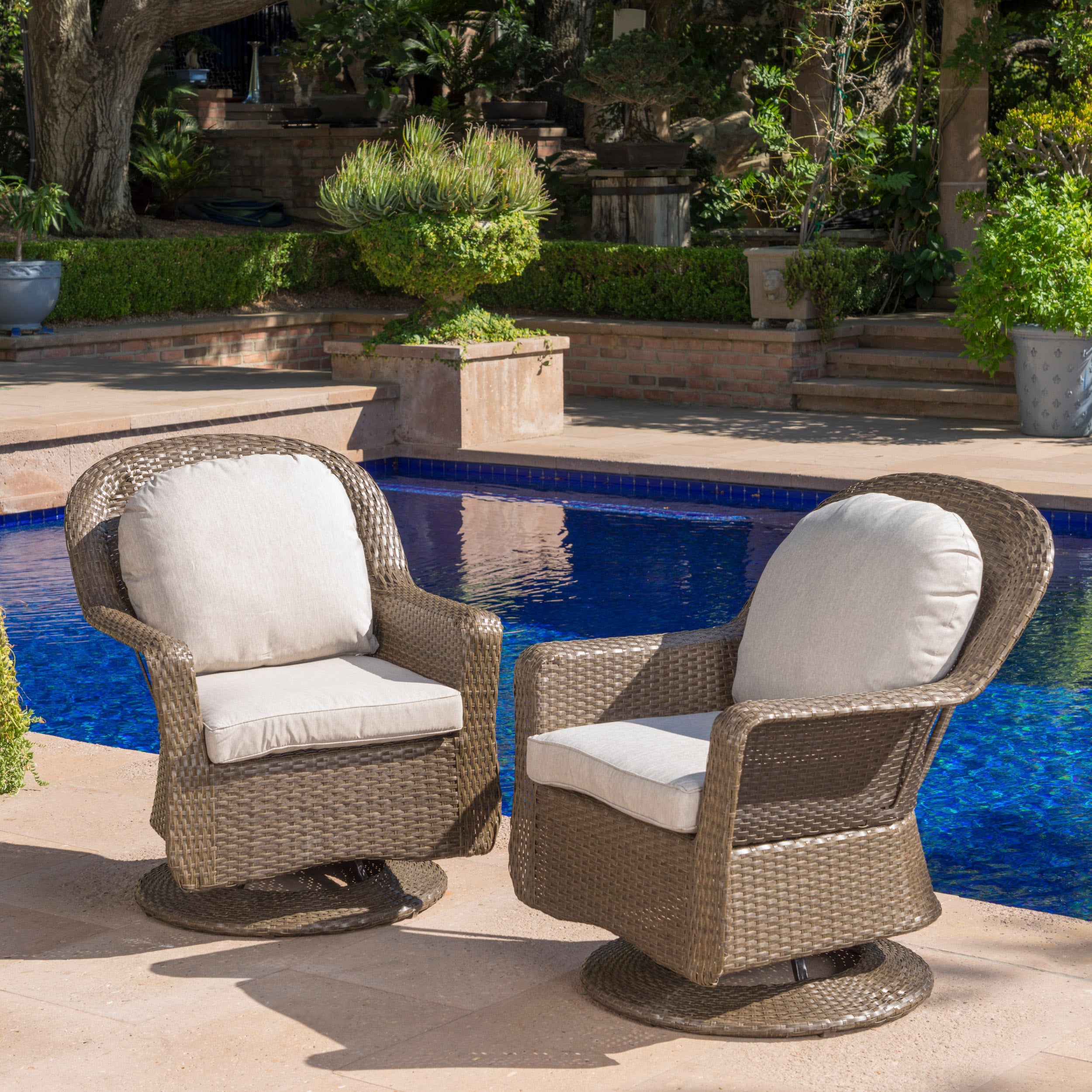 Linsten Outdoor Wicker Swivel Club Chairs with Water Resistant Cushions